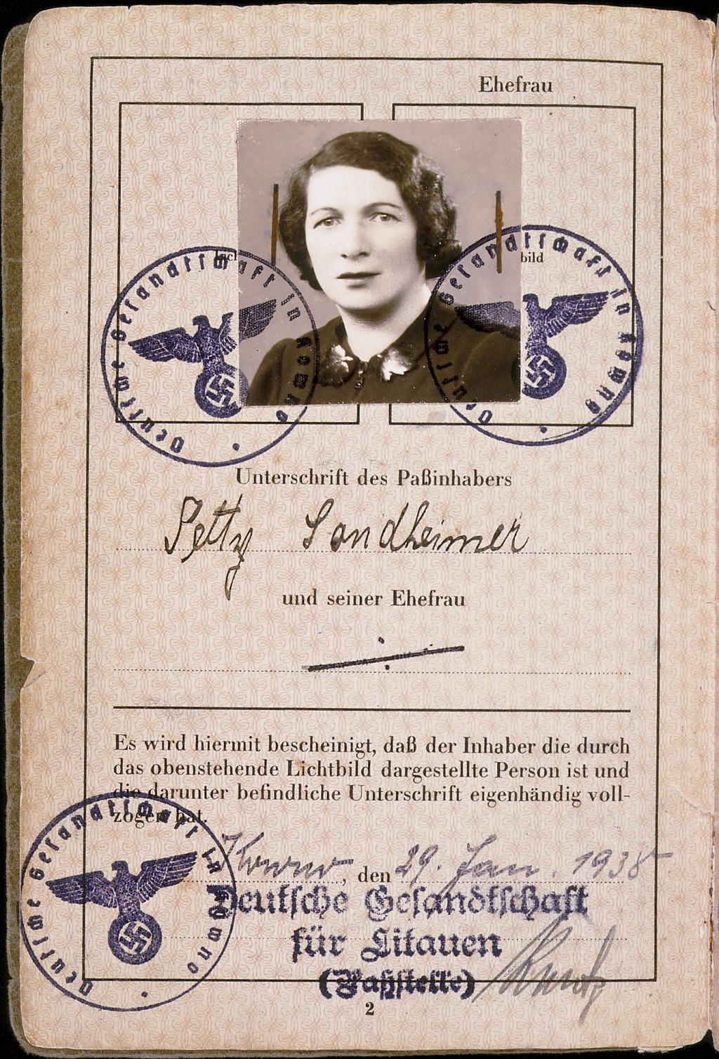 Page of a German passport with three blue stamps and a photograph in the top half. The photograph is of a woman with dark hair and light skin tone.