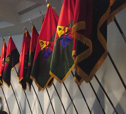 Flags of US Army liberating divisions on display at the United States Holocaust Memorial Museum in Washington D.C.