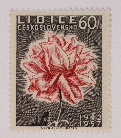 A Czech postage stamp issued in 1957, commemorating the fifteenth anniversary of the destruction of Lidice. [LCID: irn7510]