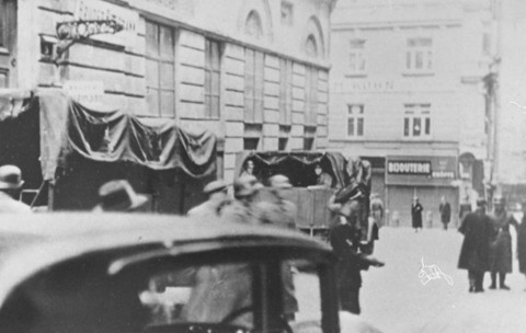 Scene during an SS raid on the Viennese Jewish community offices.