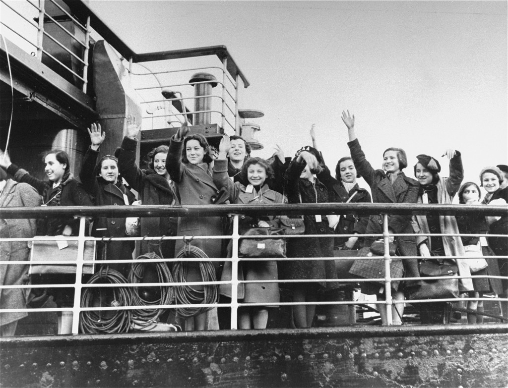 A group of German Jewish refugee children, part of a Children's Transport (Kindertransport), arrives in Harwich.