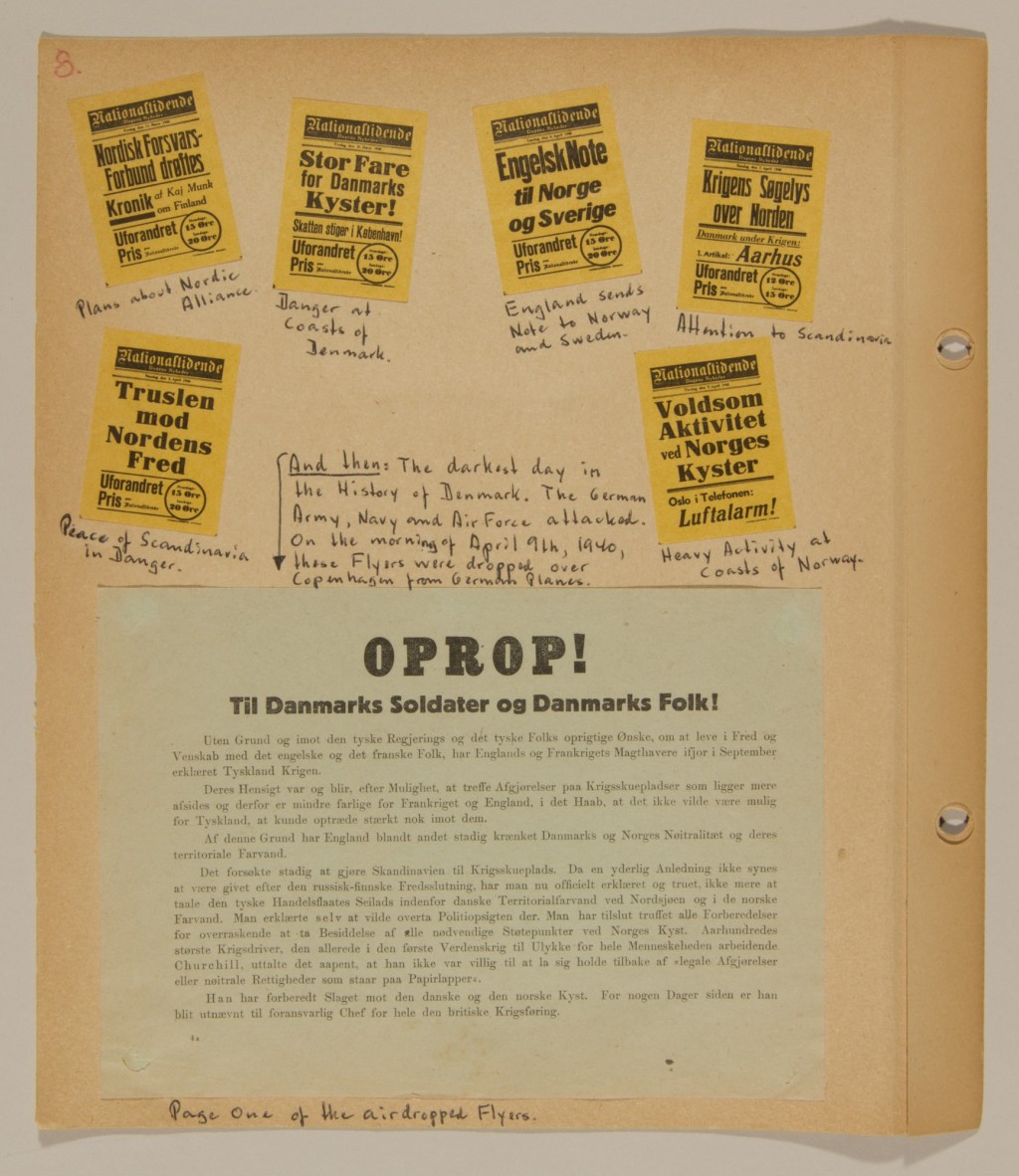 Scrapbook page with handwritten notes in black ink. The top of the page contains six small yellow flyers. The bottom has the first page of a larger flyer.