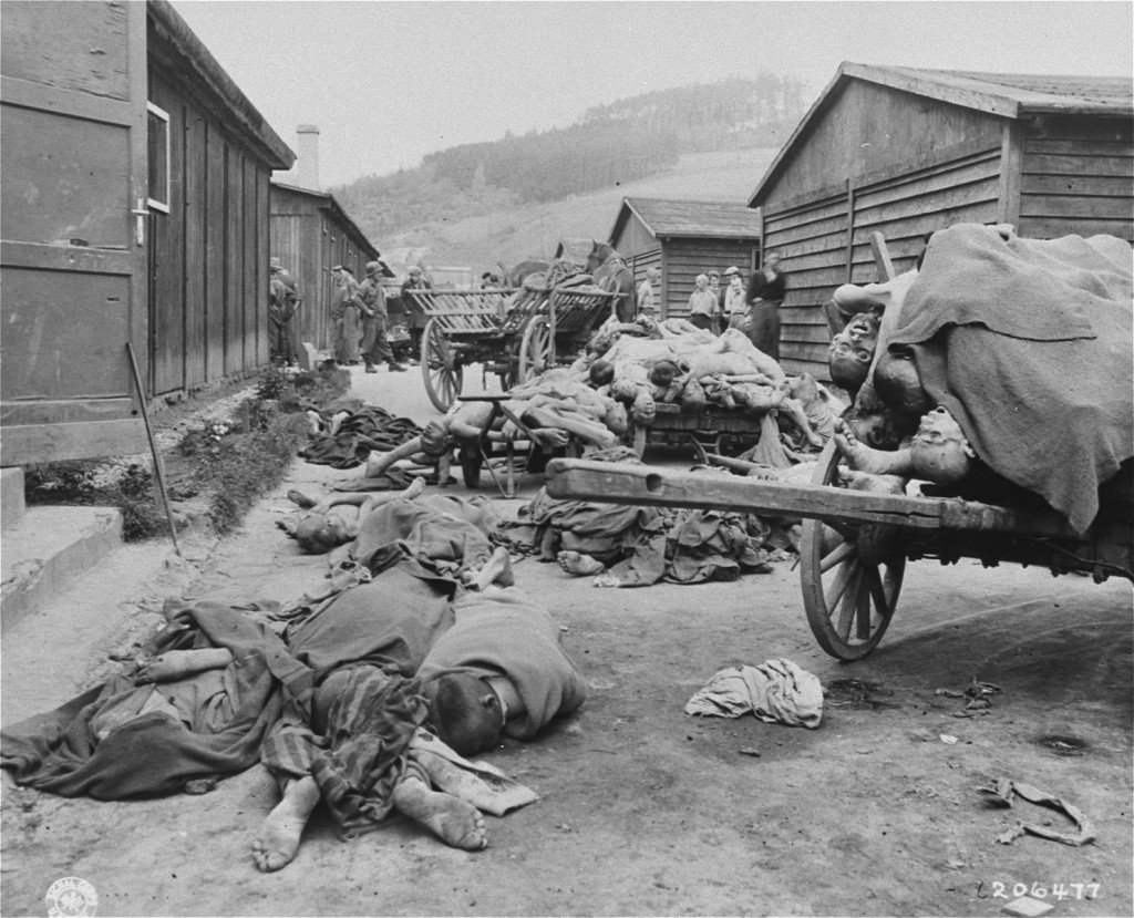 Corpses found when UStroops liberated the Gusen camp, a subcamp of the Mauthausen concentration camp. [LCID: 74790a]