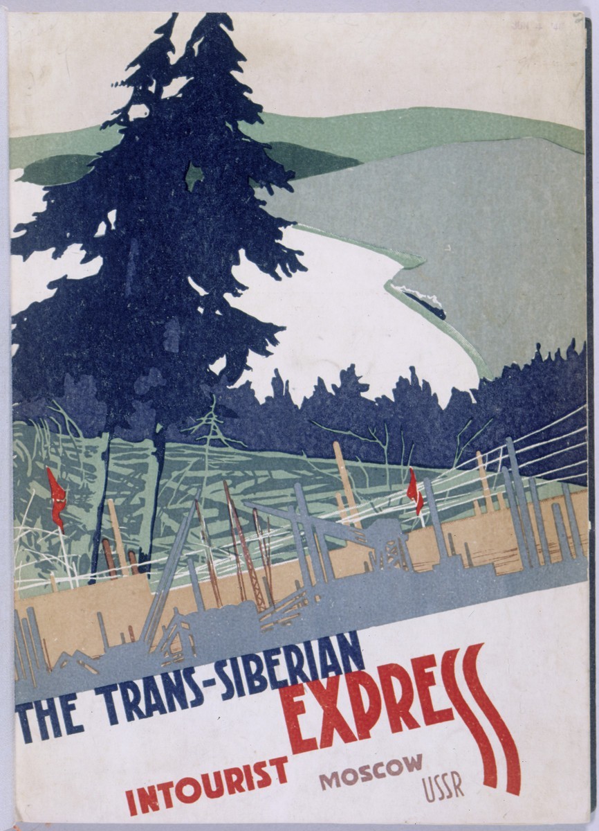 Illustrated brochure cover. The background has large green mountains and black trees. Bottom third includes an angled cityscape. Bottom text reads, ‘The Trans-Siberian Express Intourist Moscow USSR.’