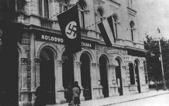 <p>The German consulate in Zagreb flies the swastika. Croatia, Yugoslavia, 1933.</p>