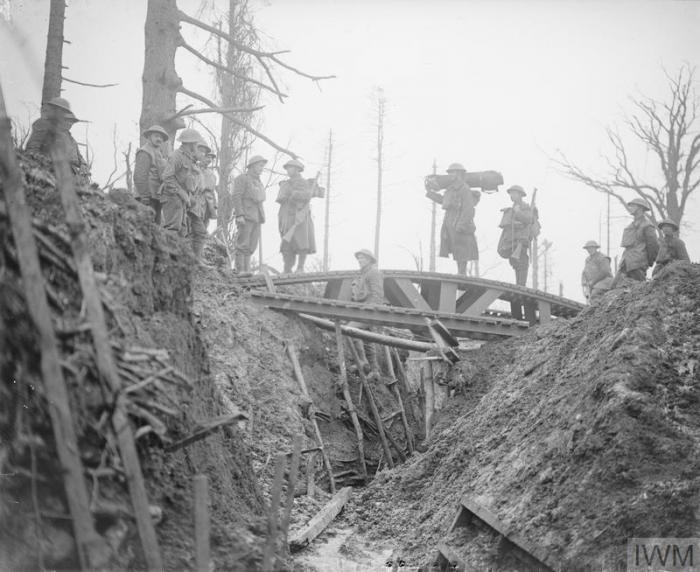 German withdrawal to Hindenburg line, world war I, 1917, trench bridge over a former German trench. Gommecourt.