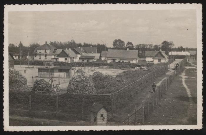 View of camp buildings and fencing taken from a watchtower in the Sobibor killing center
