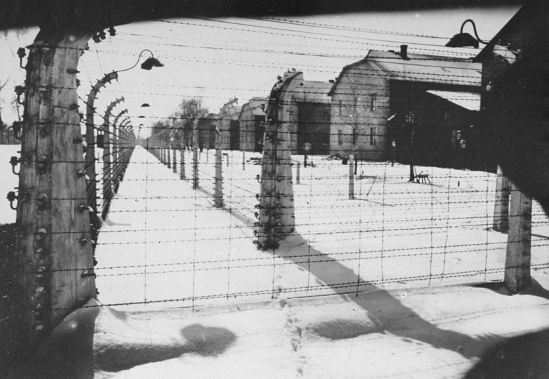 View of a section of the barbed-wire fence and barracks at Auschwitz at the time of the liberation of the camp.