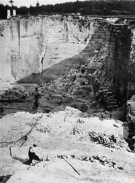 View of the stone quarry in the Gross-Rosen camp, where prisoners were subjected to forced labor.
