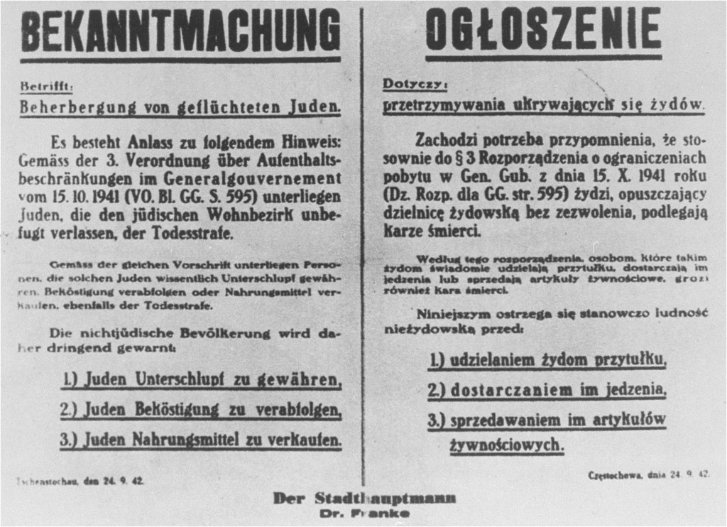 A Nazi decree issued in October 1941, in German and Polish, warns that Jews leaving the ghetto, or Poles who aid them, will be executed. [LCID: 19515]