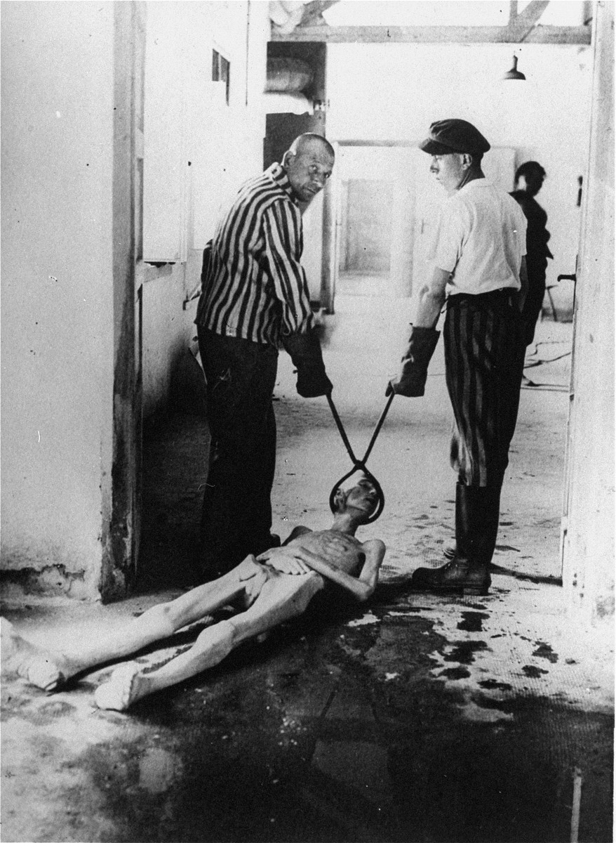 Two survivors wearing protective mitts each grasp one handle of a large metal tool used to move dead bodies. The tool grasps the head of a corpse being drug across the floor towards the crematorium ovens.