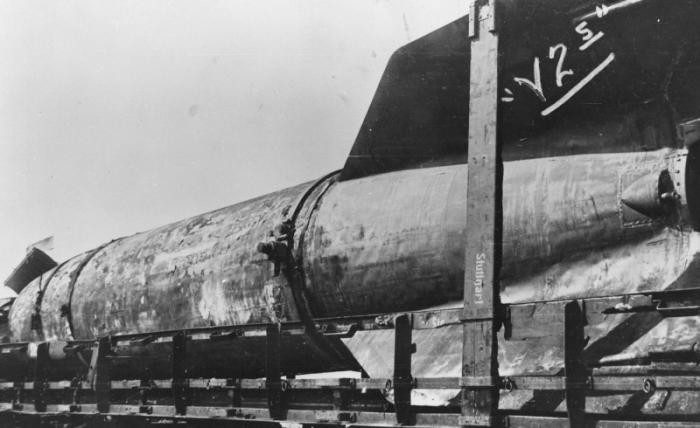 View of a V-2 missile manufactured with the use of forced labor at Dora-Mittelbau.