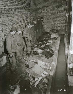 Troops of the American 82nd Airborne Division view bodies of inmates at Wöbbelin, a subcamp of the Neuengamme concentration camp.