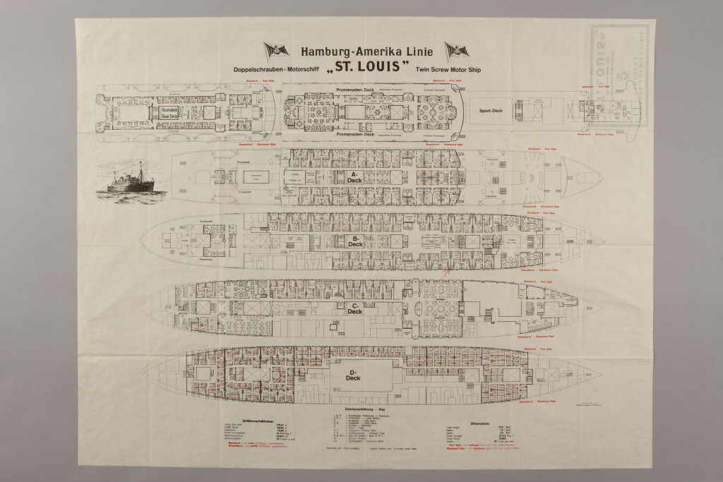 Building plan for a ship from overhead, featuring schematics for all 4 decks.