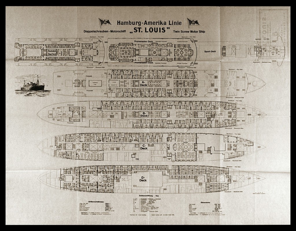 <p>Plan of the two-propeller passenger liner the "St. Louis," showing cabins and room numbers. In 1939, this German ocean liner carried almost 1,000 Jewish refugees seeking temporary refuge in Cuba. It was forced to return to Europe after Cuba and then the United States refused to allow the refugees entry.</p>