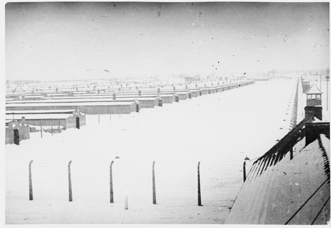View of Auschwitz-Birkenau under a blanket of snow immediately after the liberation. [LCID: 58406]
