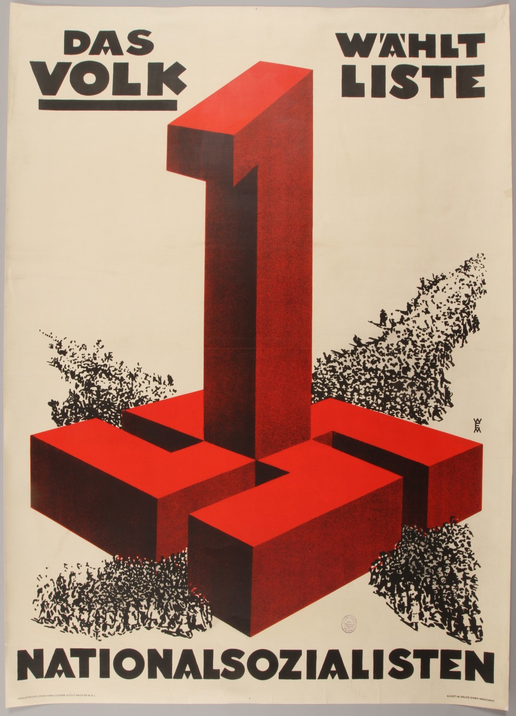 Illustrated poster. A large red number one juts out of a large red swastika. Thousands of people swarm to the open portions of the swastika as if they were entryways. German runs along the top and the bottom of the poster in a large black type.