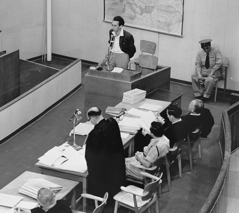 Jewish partisan and poet Abba Kovner, a survivor of the Vilna ghetto, testifies during Adolf Eichmann's trial.