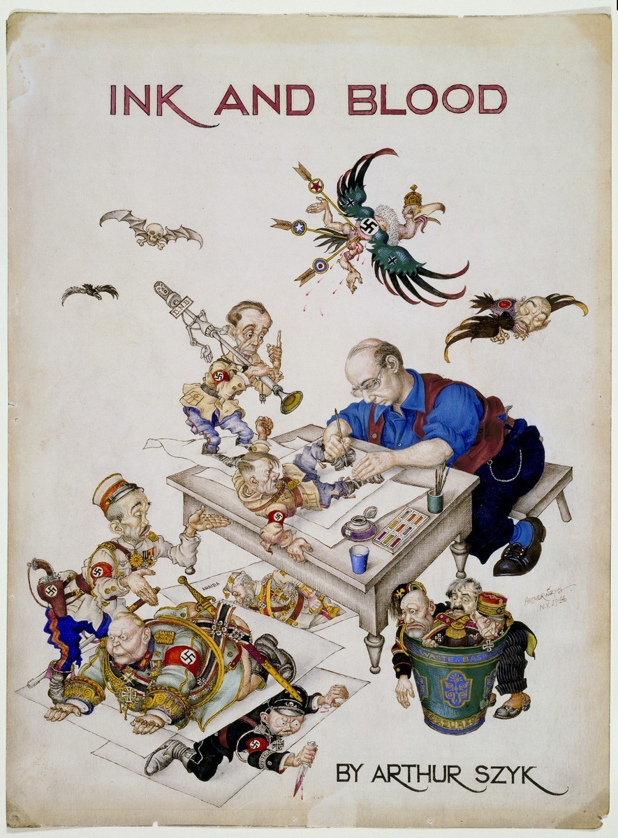Ink and Blood, 1944.  Arthur Szyk portrayed himself at his desk, finishing off a still-struggling Adolf Hitler. [LCID: 94613]