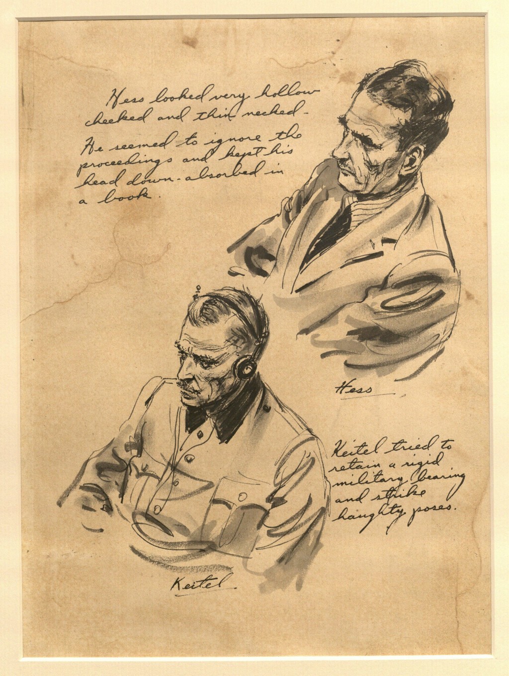 Grayscale sketches of two men, both facing left. The man at the top  is wearing a suit and tie, while the man at the bottom is wearing a headset and a long sleeved shirt. There are handwritten notes in black ink next to each sketch.