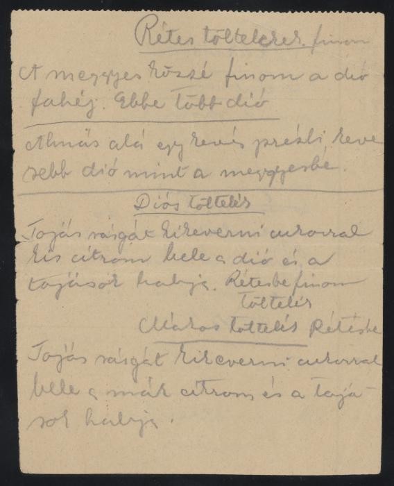 Ilona Kellner and her family lived in Pelsöc, which became part of Hungary before World War II. Following the German occupation of Hungary, Ilona, her sister Vera, and her parents Karoly and Jolan were forced into a ghetto in another area of the town. In mid-June, the family was deported to the Auschwitz camp in German-occupied Poland. Ilona's parents were killed in the gas chambers at Birkenau.
In early August, Ilona and her sister were deported to Hessisch Lichtenau, a subcamp of the Buchenwald concentration camp. They were part of a transport of 1,000 Hungarian women taken to Germany to fill a labor shortage. At the labor camp, Ilona worked as a translator and messenger and tidied the factory there. She smuggled blank pages out of wastebaskets and used them to record hundreds of recipes dictated by her fellow women prisoners, along with some of her own recipes.
This page shows Ilona Kellner's recipe for various strudel fillings, written on the back of a blank munitions factory form.