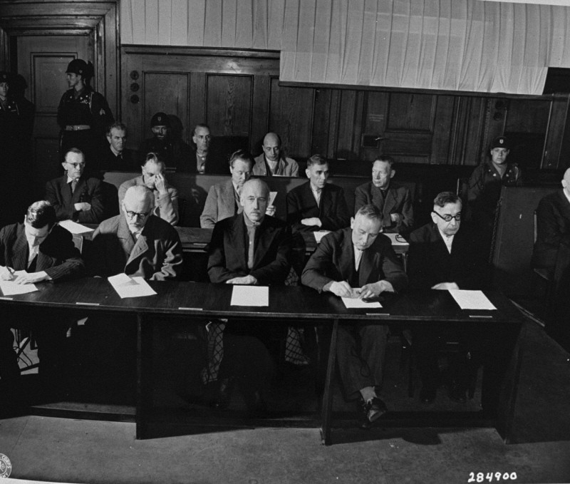 The I. G. Farben defendants hear the indictments against them before the start of the trial. [LCID: 81981]