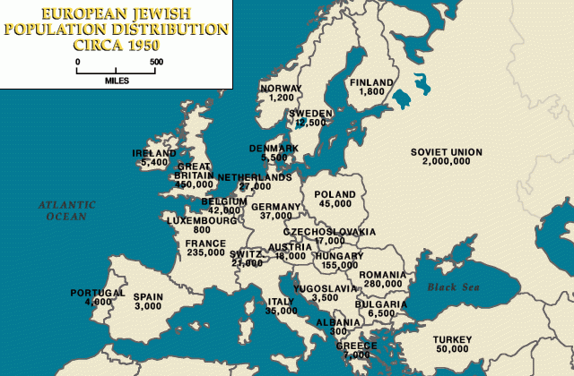 European Jewish population distribution, ca. 1950