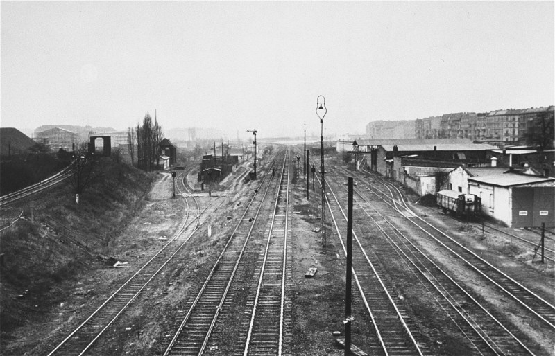 Rail tracks at the Putlitz Street railroad station in Berlin. Jews were deported from this station. Berlin, Germany, date uncertain.
