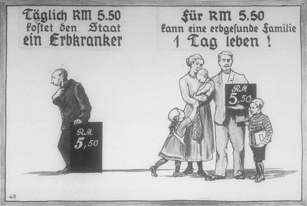 Propaganda slide produced by the Reich Propaganda Office showing the opportunity cost of feeding a person with a hereditary disease. The illustration shows that an entire family of healthy Germans can live for one day on the same 5.50 Reichsmarks it costs to support one ill person for the same amount of time. Dated 1936.  
Nazis defined individuals with mental, physical, or social disabilities as “hereditarily ill” and claimed such individuals placed both a genetic and financial burden upon society and the state. 