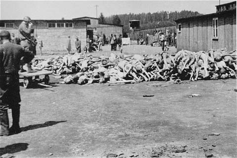 A pile of corpses at the Russian Camp (Hospital Camp) section of the Mauthausen concentration camp after liberation. [LCID: 04766]