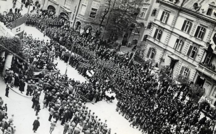 Aerial photograph of a Fascist rally in Merano, Italy.