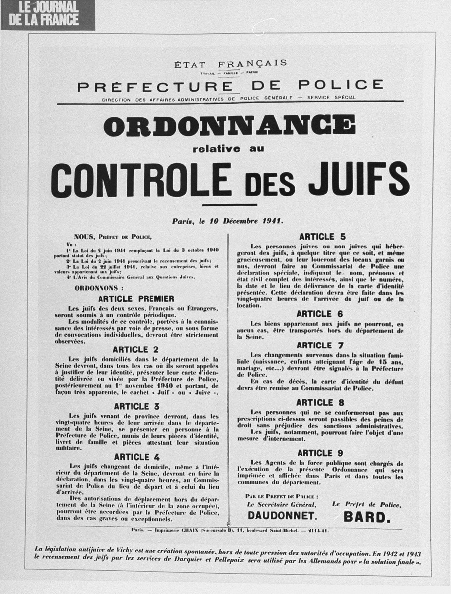 French government announcement concerning antisemitic legislation. [LCID: 89793]