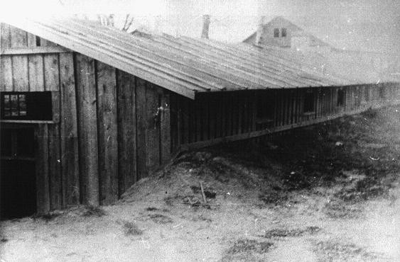  A view of barracks at the Salaspils concentration camp. [LCID: 73946]