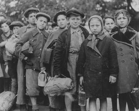 Polish Jewish children, part of Brihah—the flight from Europe—en route to the Allied occupation zones in Germany and Austria.