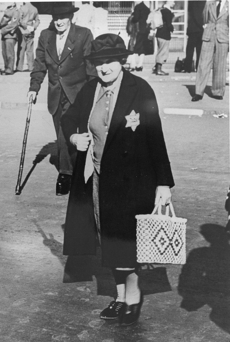 An elderly German Jewish woman wearing the compulsory Jewish badge.