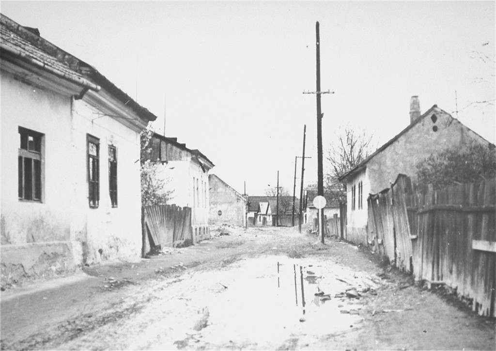 View of a deserted street. The street is made of dirt with a large puddle close to the camera. The surrounding buildings are battered and dirty.