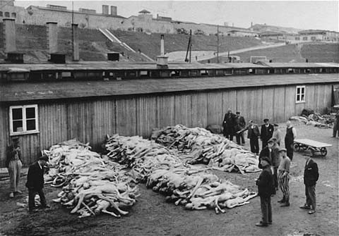 Piles of corpses, soon after the liberation of the Mauthausen camp. [LCID: 74466]