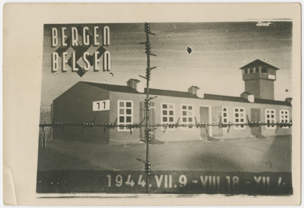 Commemorative postcard with a drawing of barrack 11 of Bergen-Belsen and marking the time the people on the Kasztner train spent ...
