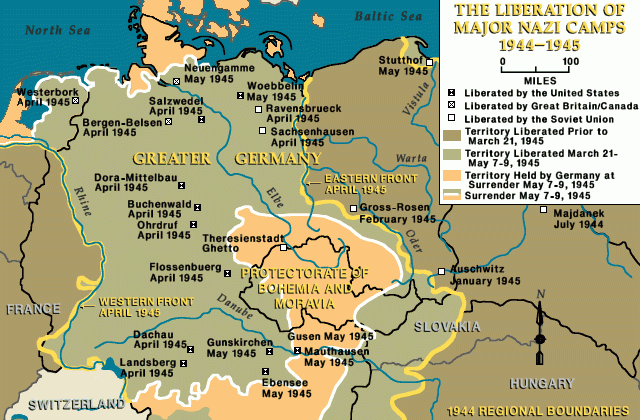 <p>As Allied troops moved across Europe in a series of offensives on Germany, they began to encounter and liberate concentration camp prisoners, many of whom had survived death marches into the interior of Germany. Soviet forces were the first to approach a major Nazi camp, reaching the <a href="/narrative/3168">Majdanek</a> camp near Lublin, Poland, in July 1944. Surprised by the rapid Soviet advance, the Germans attempted to demolish the camp in an effort to hide the evidence of mass murder. The Soviets also liberated major Nazi camps at <a href="/narrative/3673">Auschwitz</a>, <a href="/narrative/3933">Stutthof</a>, <a href="/narrative/6810">Sachsenhausen</a>, and Ravensbrück. US forces liberated the <a href="/narrative/3956">Buchenwald</a>, <a href="/narrative/4909">Dora-Mittelbau</a>, <a href="/narrative/6783">Flossenbürg</a>, <a href="/narrative/4391">Dachau</a>, and <a href="/narrative/3880">Mauthausen</a> camps. British forces liberated camps in northern Germany, including <a href="/narrative/6811">Neuengamme</a> and <a href="/narrative/4549">Bergen-Belsen</a>.</p>