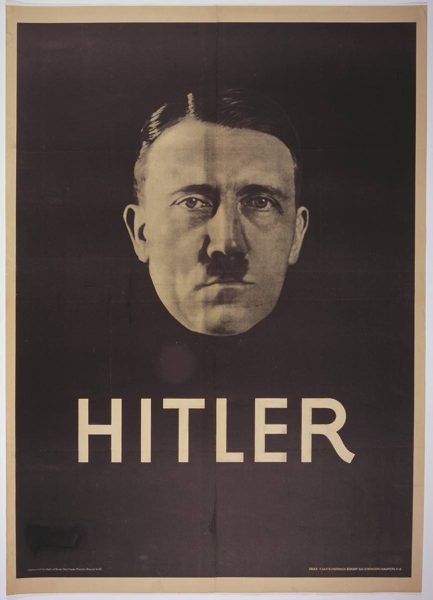 Poster with a dark background. A sepia tone cutout of Hitler&rsquo;s head sits in the center with &lsquo;Hitler&rsquo; underneath in a sans serif font.