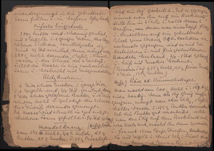 A page of recipes from Eva Oswalt’s cookbook she created while interned at Ravensbrück