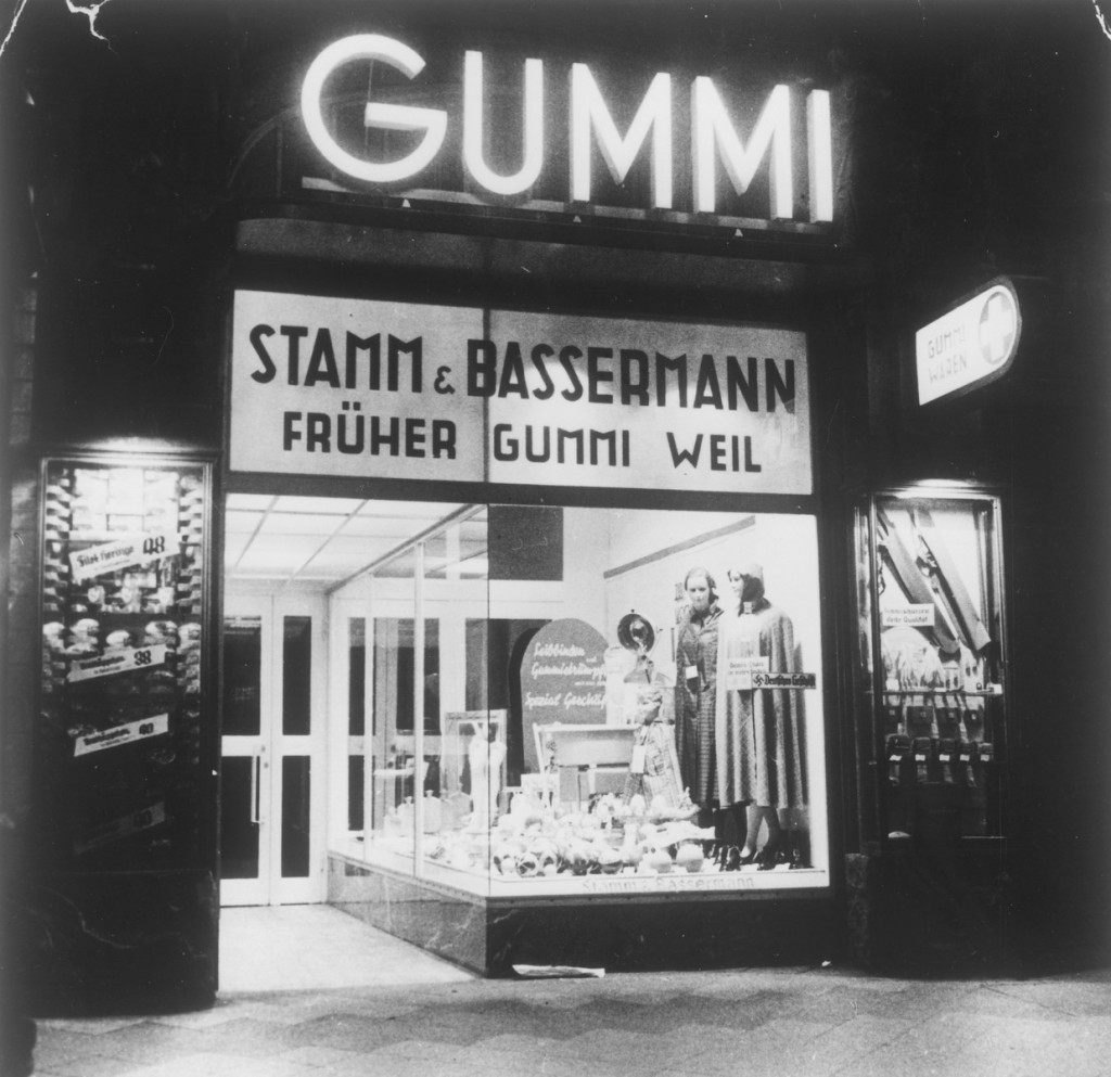 "Aryanization" of Jewish-owned businesses: a formerly Jewish-owned store (Gummi Weil) expropriated and transferred to non-Jewish ...