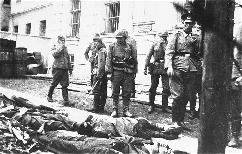  German soldiers look at Jews killed during a pogrom in Tarnopol. [LCID: 23094]
