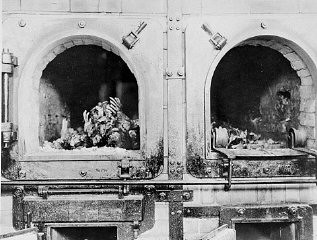 The charred remains of former prisoners in two crematoria ovens in the  newly liberated Buchenwald concentration camp. | Holocaust Encyclopedia