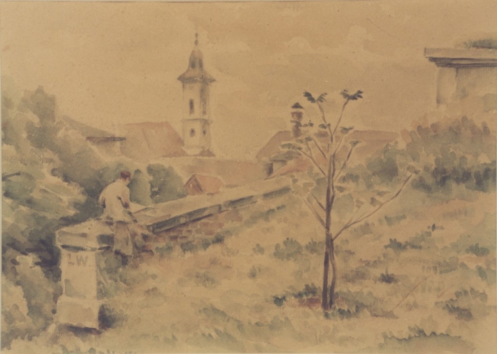 1943 watercolor landscape of Theresienstadt painted by Otto Samisch. [LCID: 44181]
