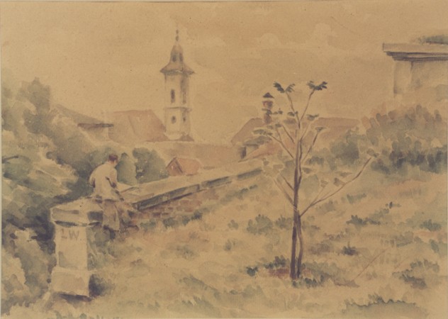 1943 watercolor landscape of Theresienstadt painted by Otto Samisch. [LCID: 44181]