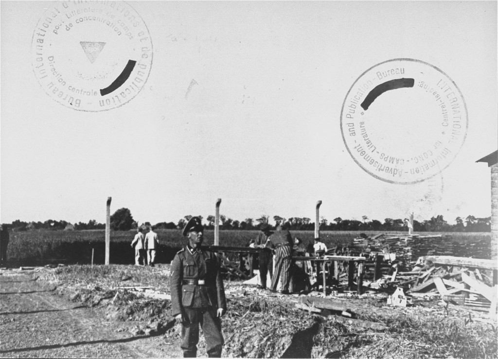 An SS guard watches prisoner laborers at construction work. [LCID: 83526]