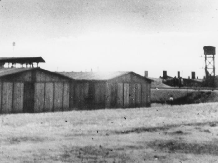 <p>View of the <a href="/narrative/10797">Trawniki</a> training camp showing two barracks and a watch tower. Trawniki, Poland, between 1941 and 1944. </p>