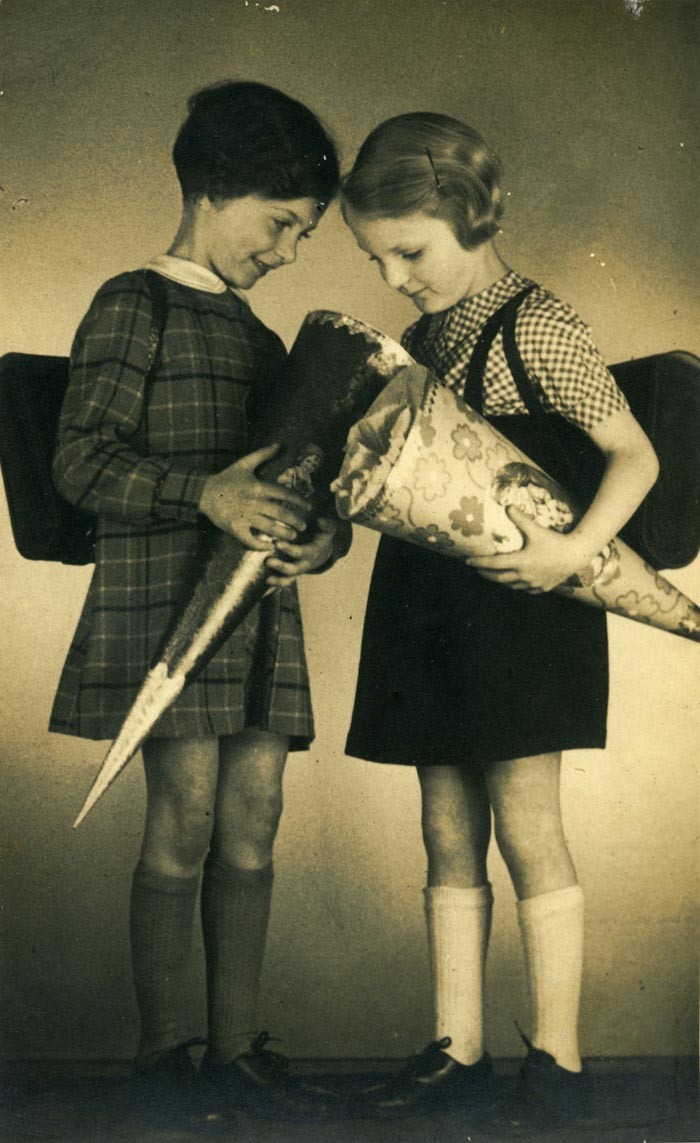 Two Jewish girls (cousins Margot and Lotte Cassel) ready for their first day of school in Breslau, Germany, ca. [LCID: 79681]