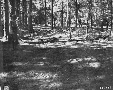 American soldiers view corpses of prisoners massacred by SS guards in a wooded area near the Kaufering IV subsidiary camp of the Dachau concentration camp.